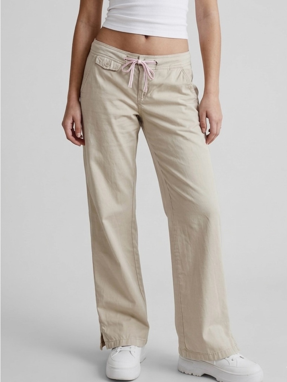 Old Navy Vintage Y2K Low Rise Khaki Pants Drawstring Waist 100% Cotton Size 2